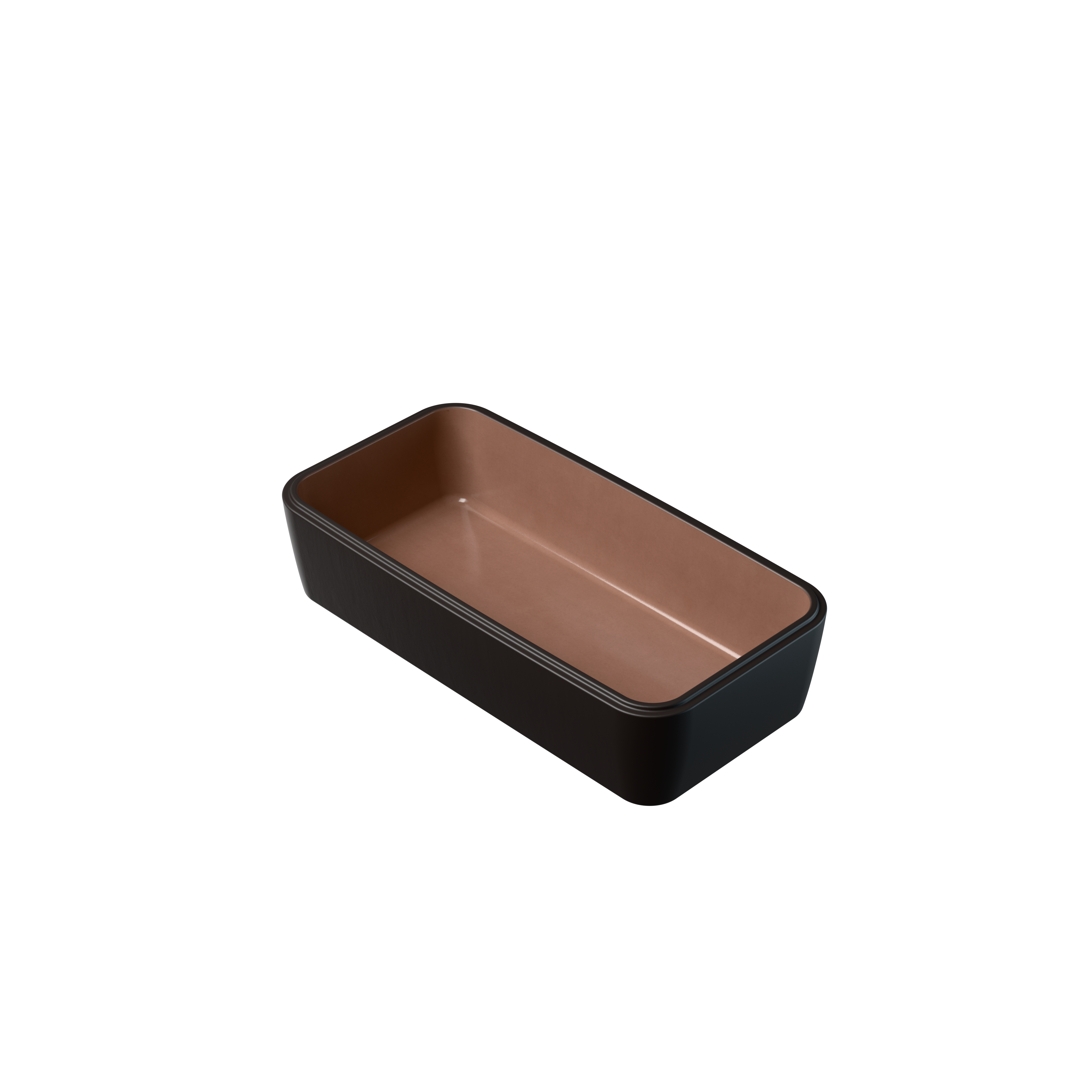 Geöffneter glatter schwarzer myromy Brick Backstein als Mini-Bräter aus Keramik mit glasiertem Innenraum aus schräger Draufsicht
