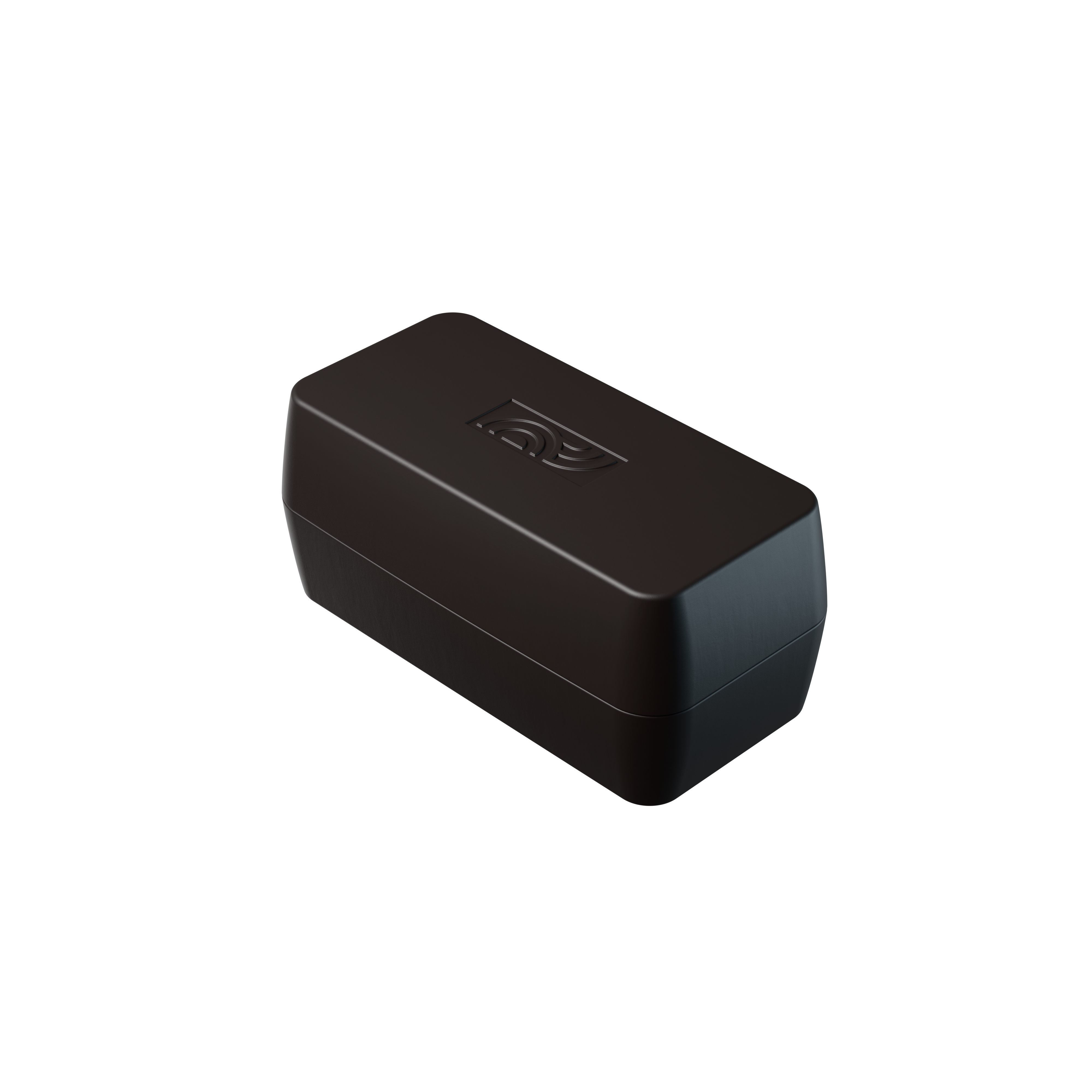 Geschlossener schwarzer myromy Brick Classic Backstein als Mini-Bräter aus Keramik mit eingeprägtem Logo aus schräger Perspektive