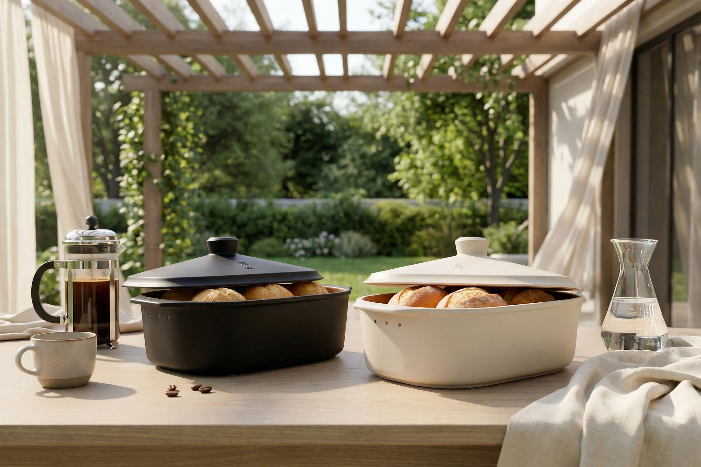 Schwarzer und weißer myromy Keramik-Brottopf und Brotkasten mit Brötchen auf einem gedeckten Tisch im Garten