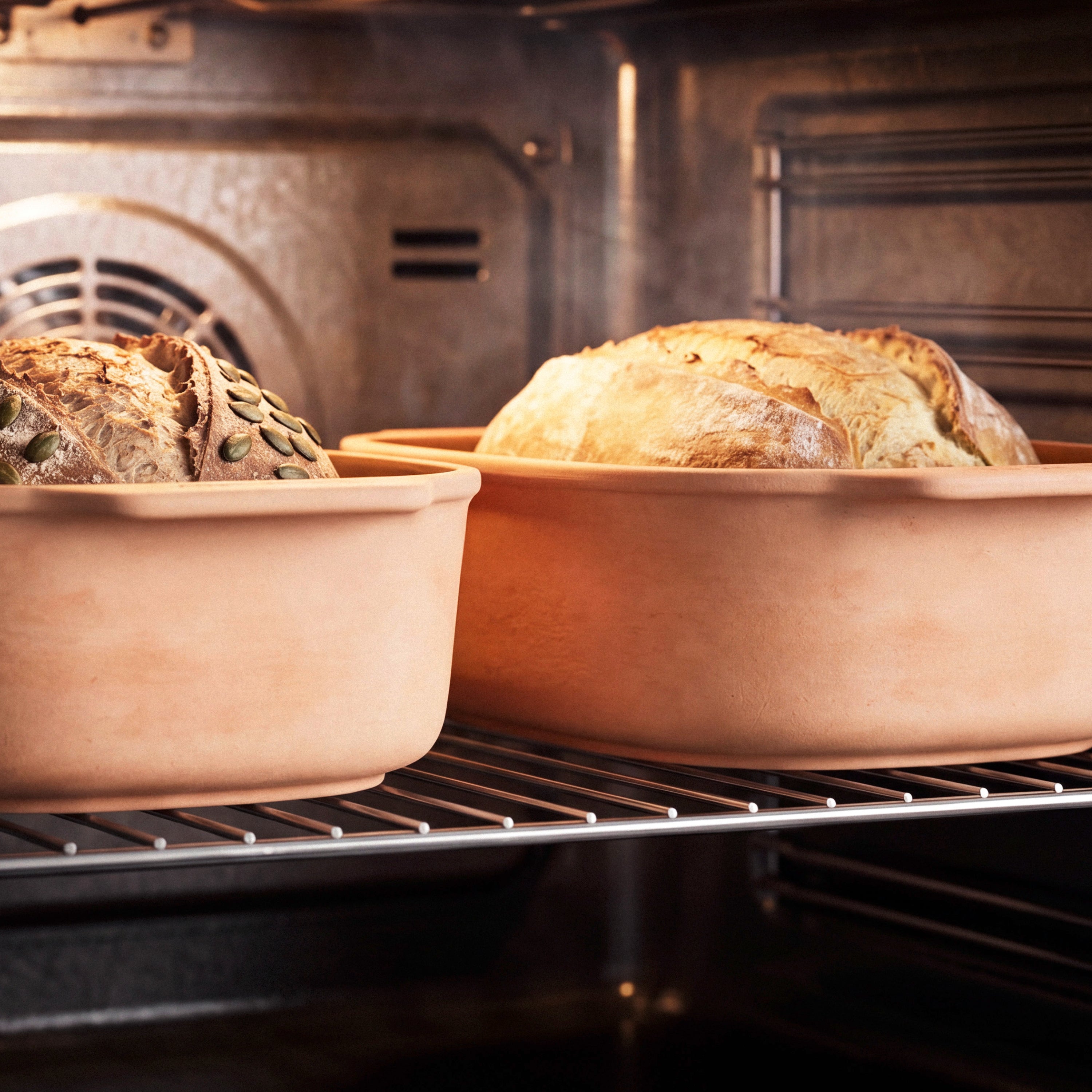 Frisch gebackene Brote in myromy Multi-Brätern und Brotbackformen 3,5 L Medium im Backofen