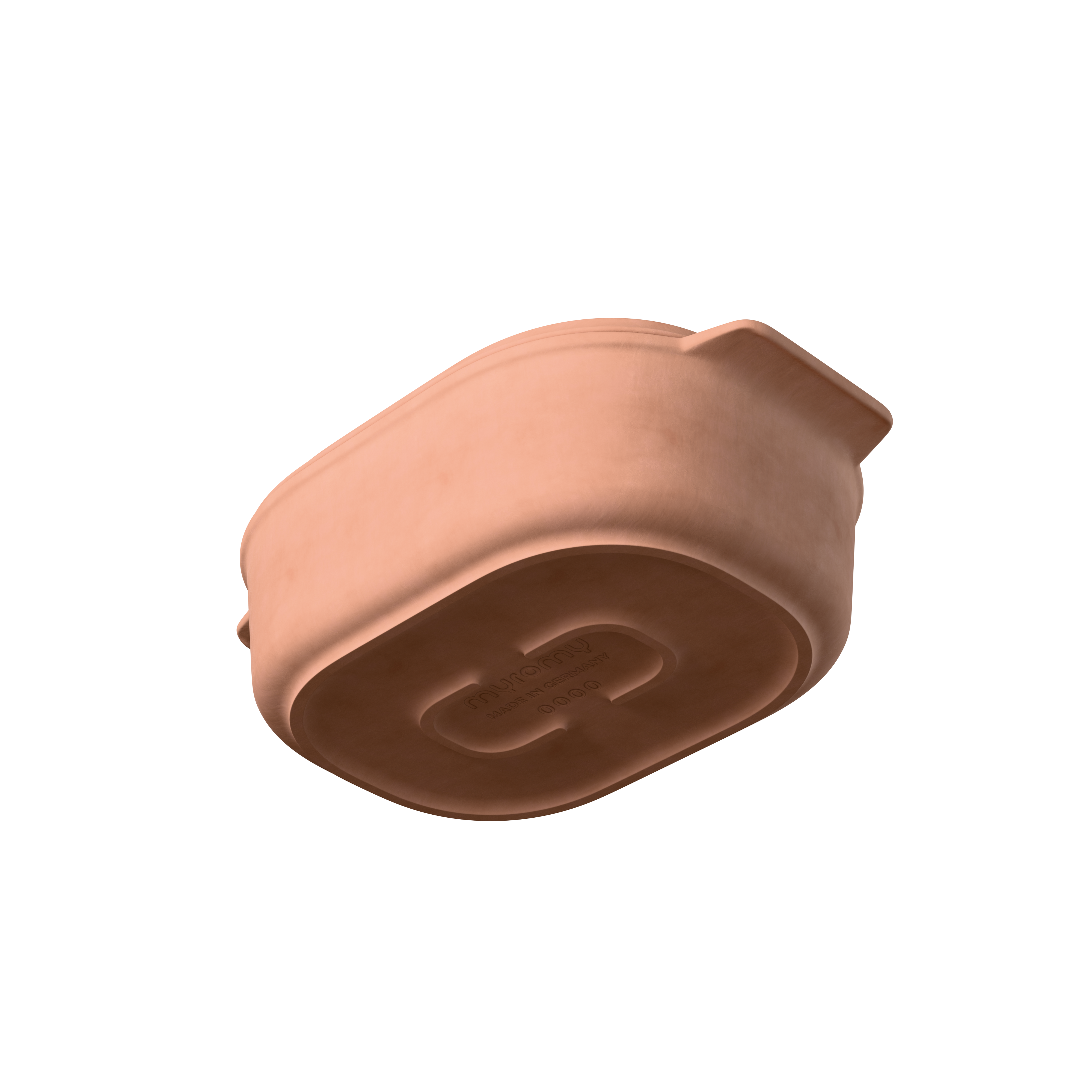 Bodenansicht des myromy Multi-Bräters und der Brotbackform 3,5 L Medium in der Signature Edition aus schräger Perspektive mit sichtbarer Bodenprägung