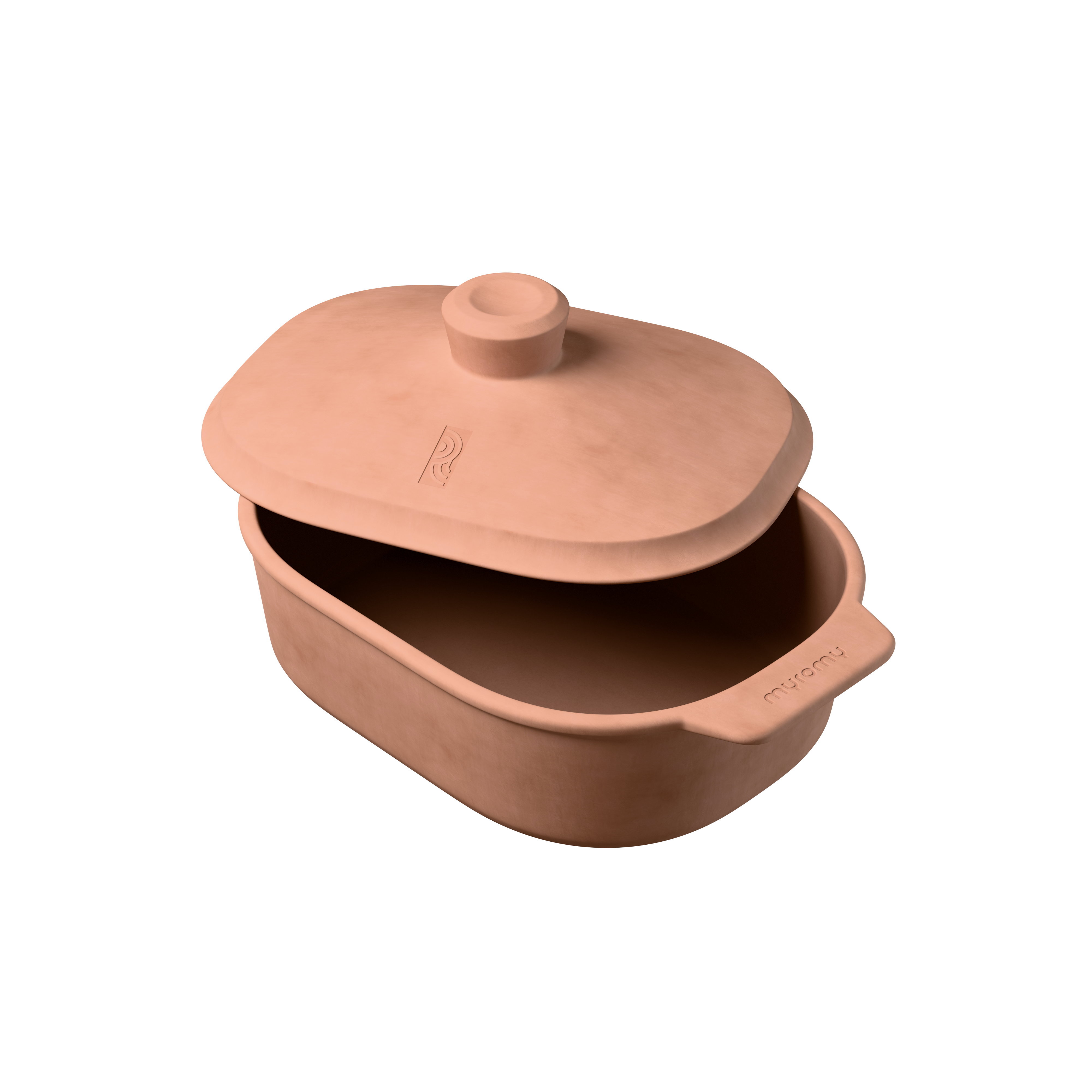 Geöffneter myromy Multi-Bräter und Brotbackform 3,5 L Medium in der Signature Edition mit angehobenem Deckel aus schräger Perspektive