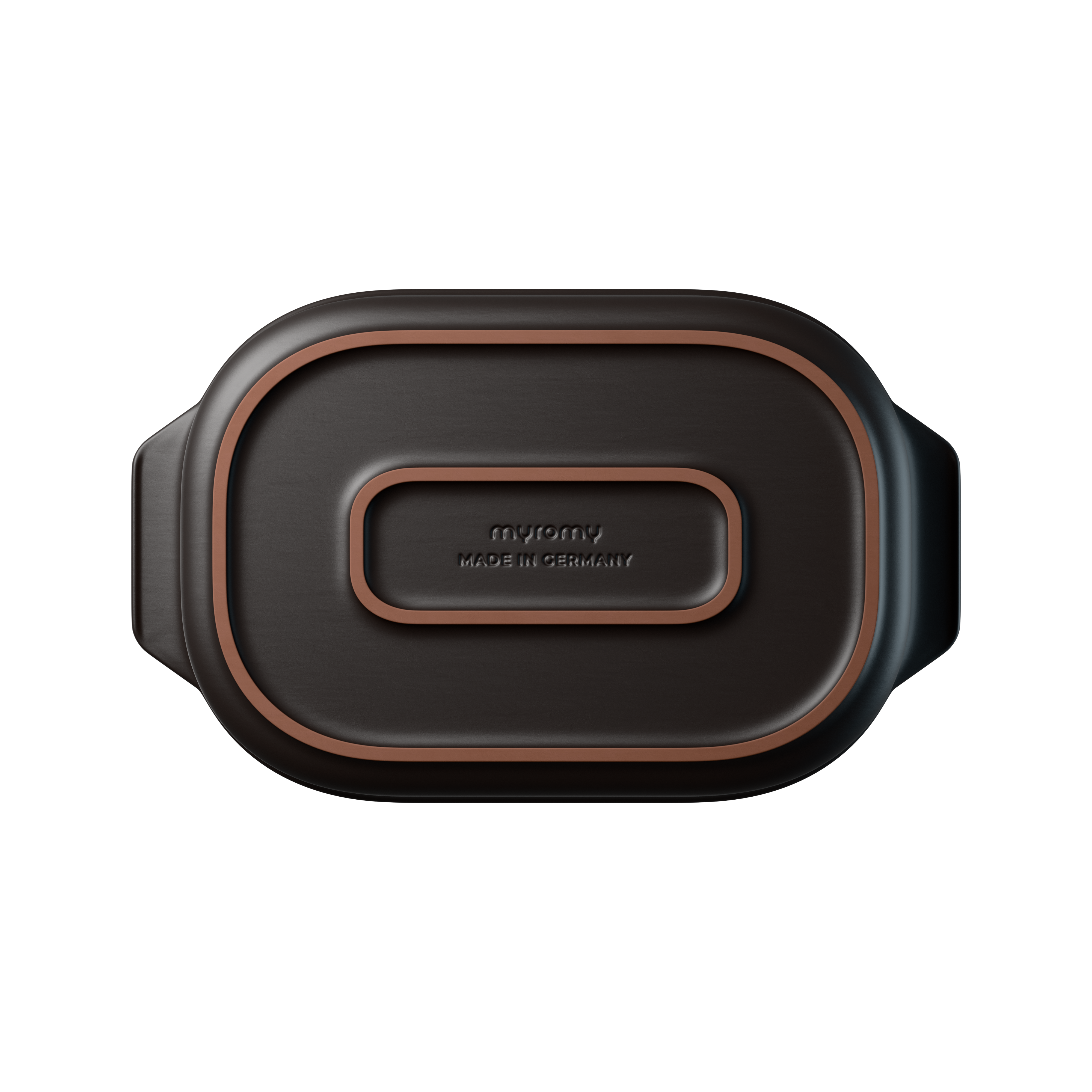 Unterseite des schwarzen myromy Multi-Bräters aus Keramik mit Standfläche, Made-in-Germany-Prägung und Herstellerlogo in der Bodenansicht