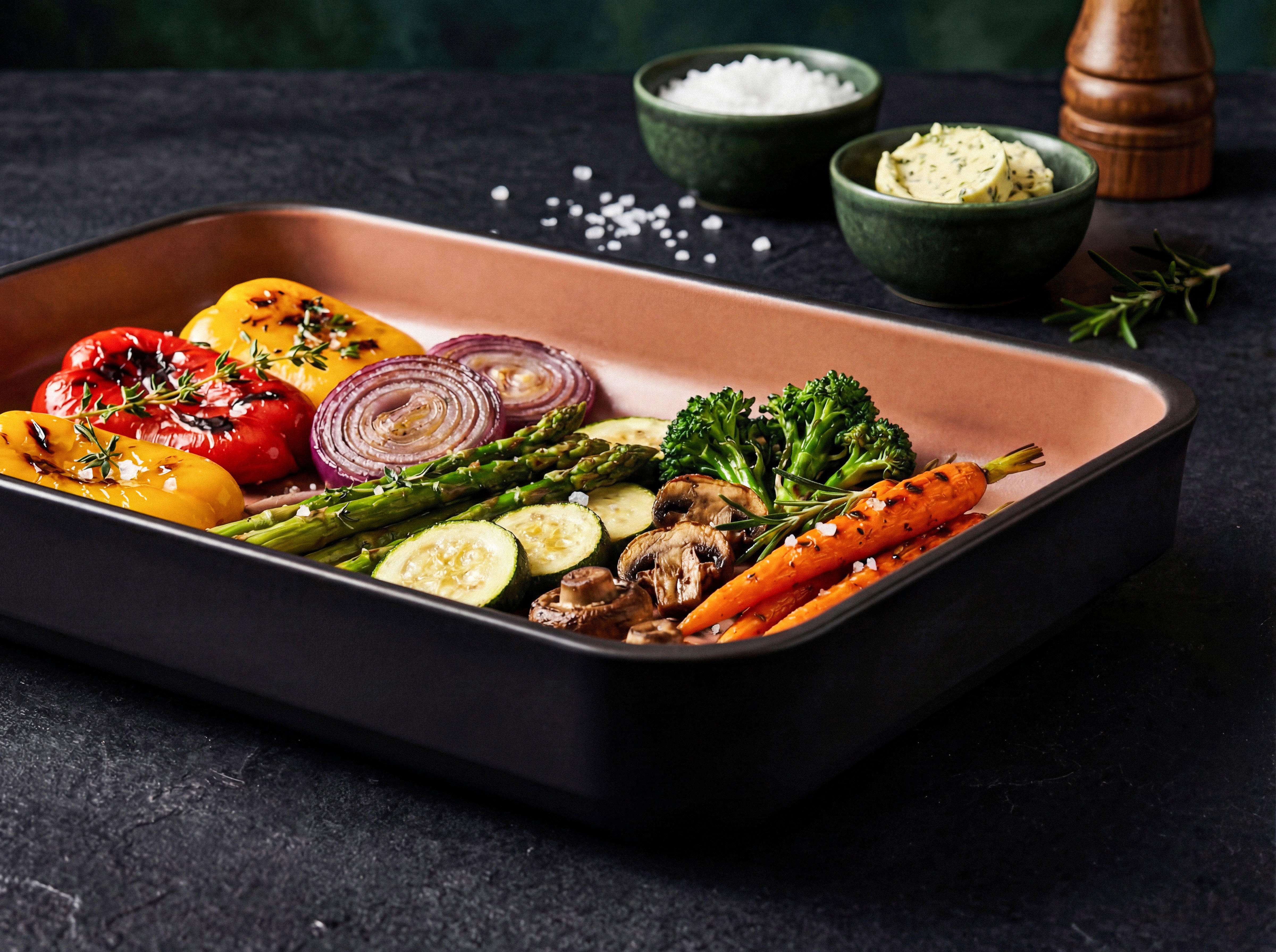 Gegrilltes Gemüse mit Paprika, Zucchini, Spargel, Brokkoli, Pilzen, Möhren und roten Zwiebeln in der schwarzen myromy Plancha und Auflaufform