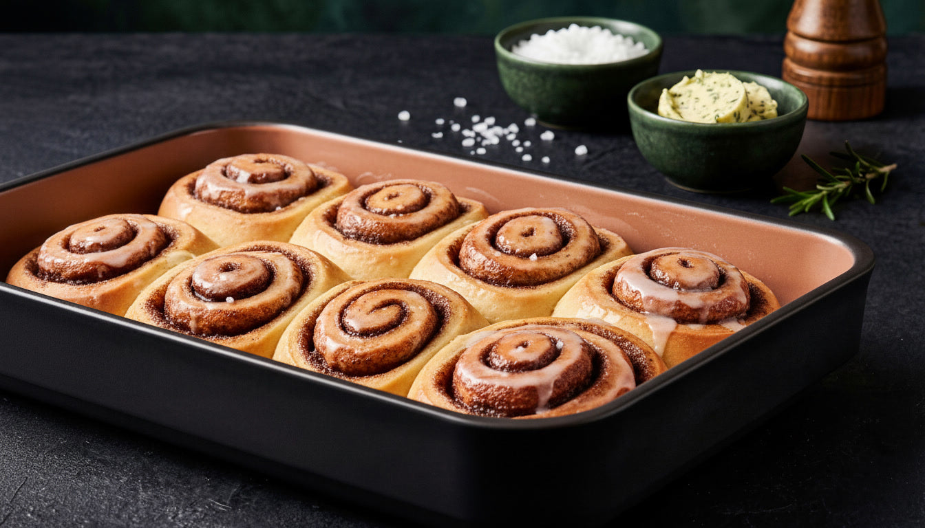 Frisch gebackene Zimtschnecken mit Zuckerguss in der schwarzen myromy Plancha und Auflaufform