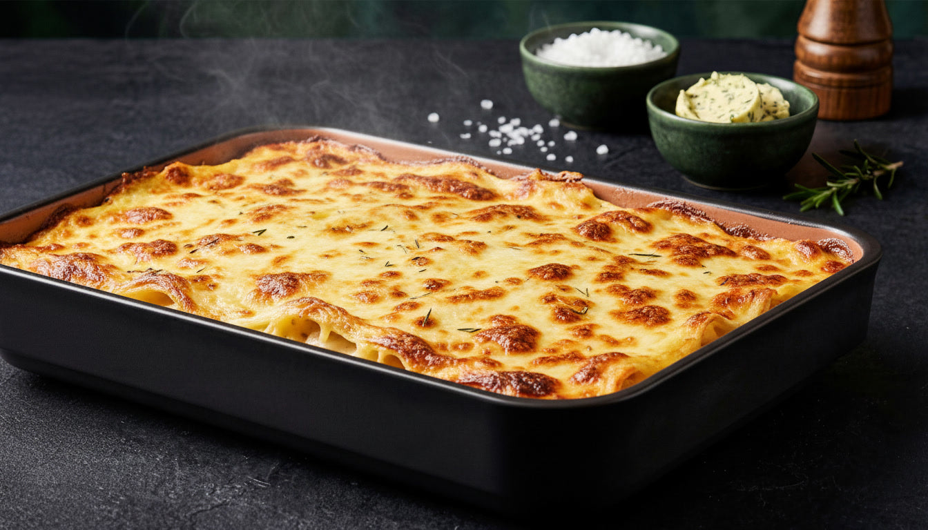 Goldbraun überbackene Lasagne auf der schwarzen myromy Auflaufform, daneben Salz, Kräuterbutter und Rosmarin