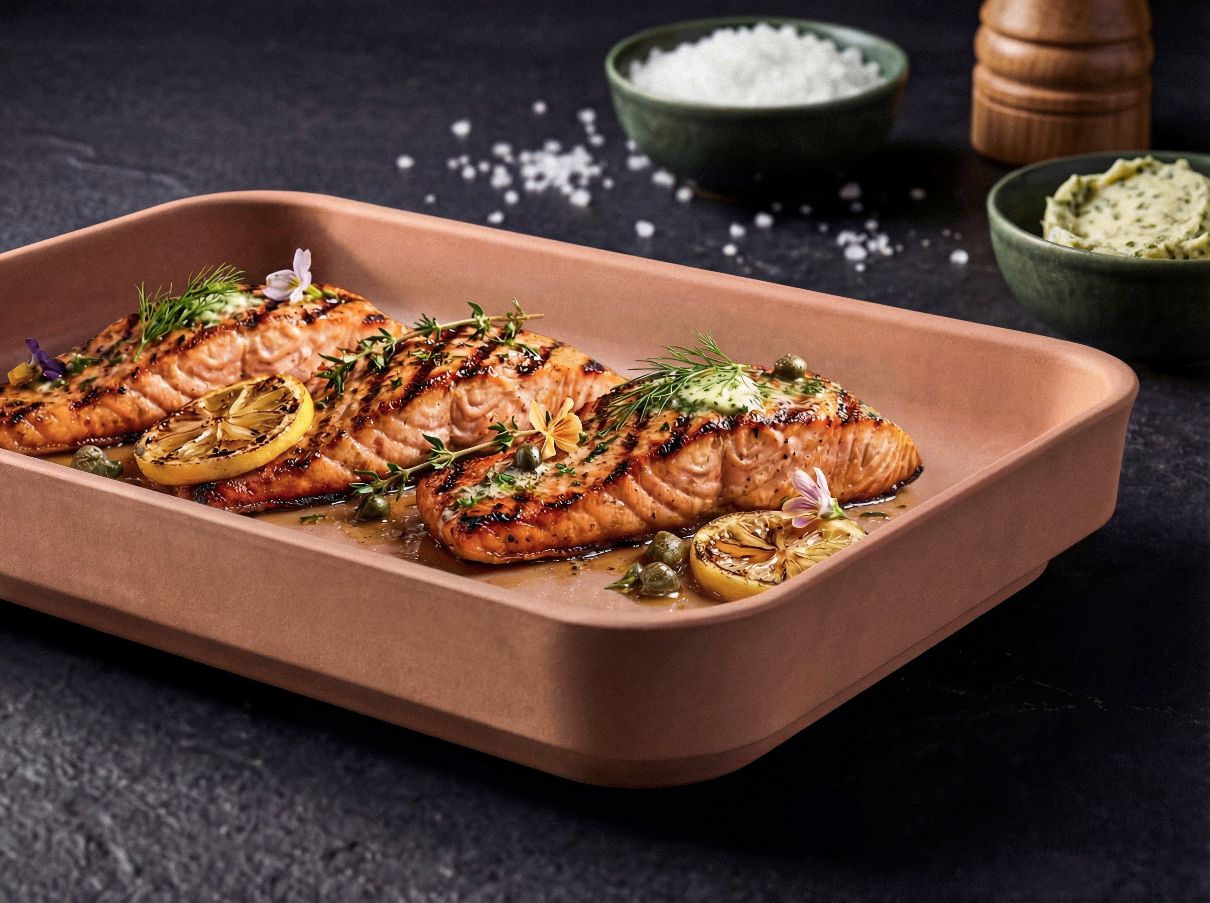 Gegrillte Lachsfilets mit Zitronenhälften, Kräuterbutter, Kapern und frischen Kräutern auf der myromy Plancha in der Signature Edition