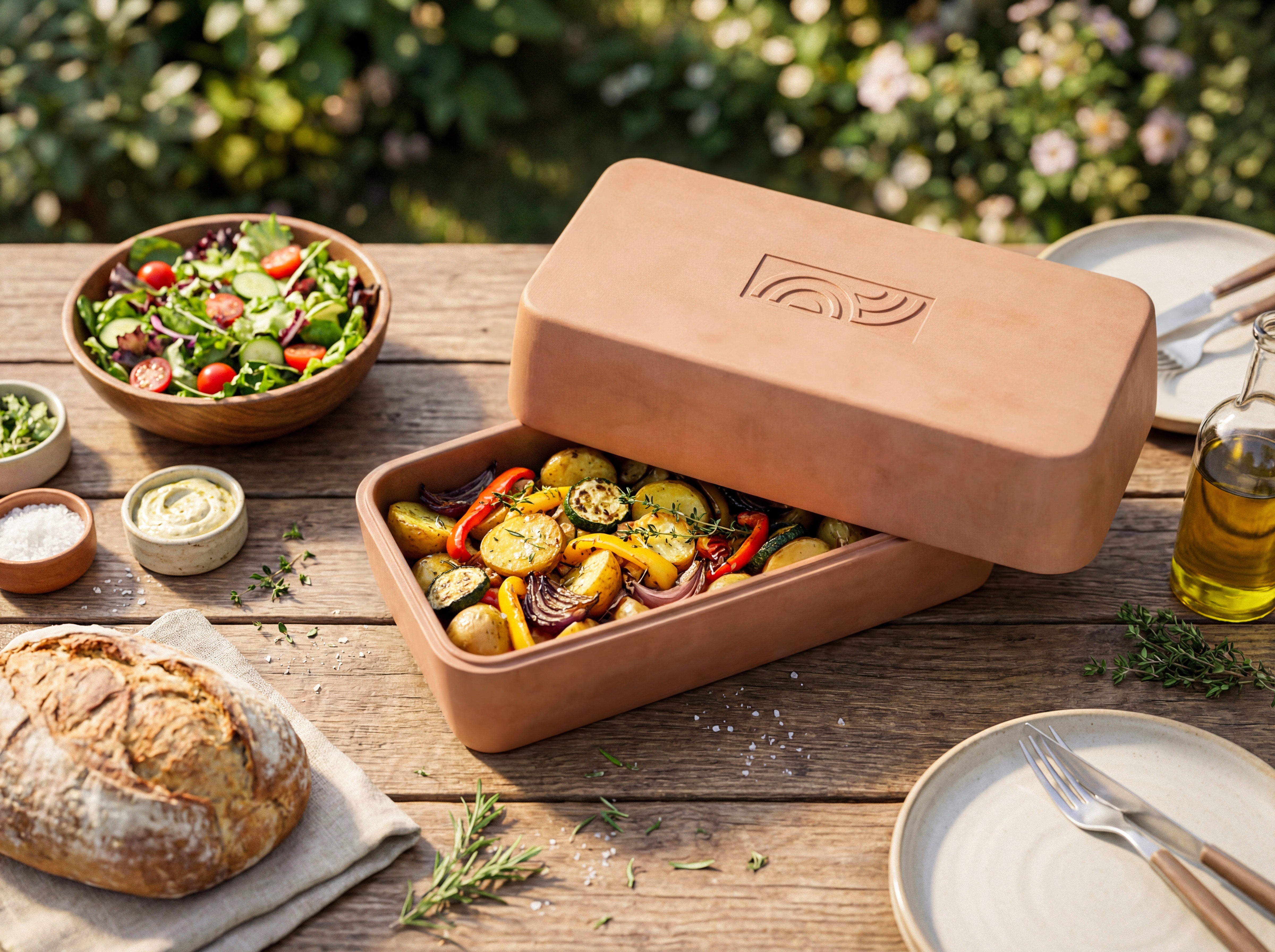 Geöffnete myromy BBQ Plancha aus Keramik mit Ofengemüse und angehobenem Deckel auf einem gedeckten Gartentisch