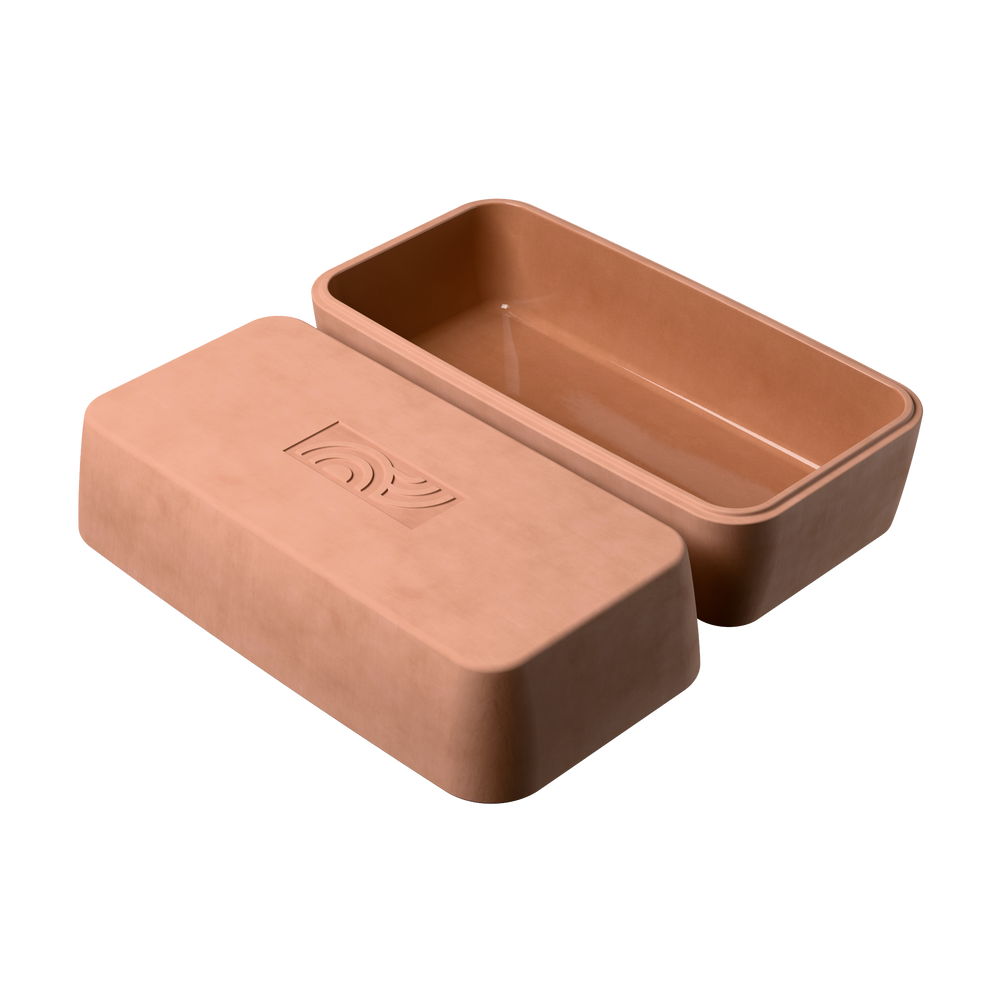 Keramik Mini-Bräter Brick von myromy - mit glatten, glasierten Innenseiten, beide Teile nebeneinaner liegend von oben fotografiert