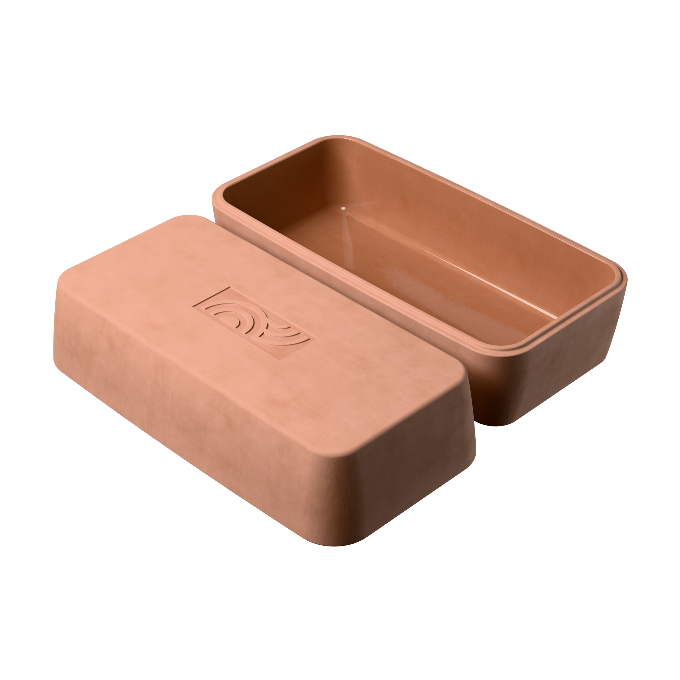 Keramik Mini-Bräter Brick von myromy - mit glatten, glasierten Innenseiten, beide Teile nebeneinaner liegend von oben fotografiert