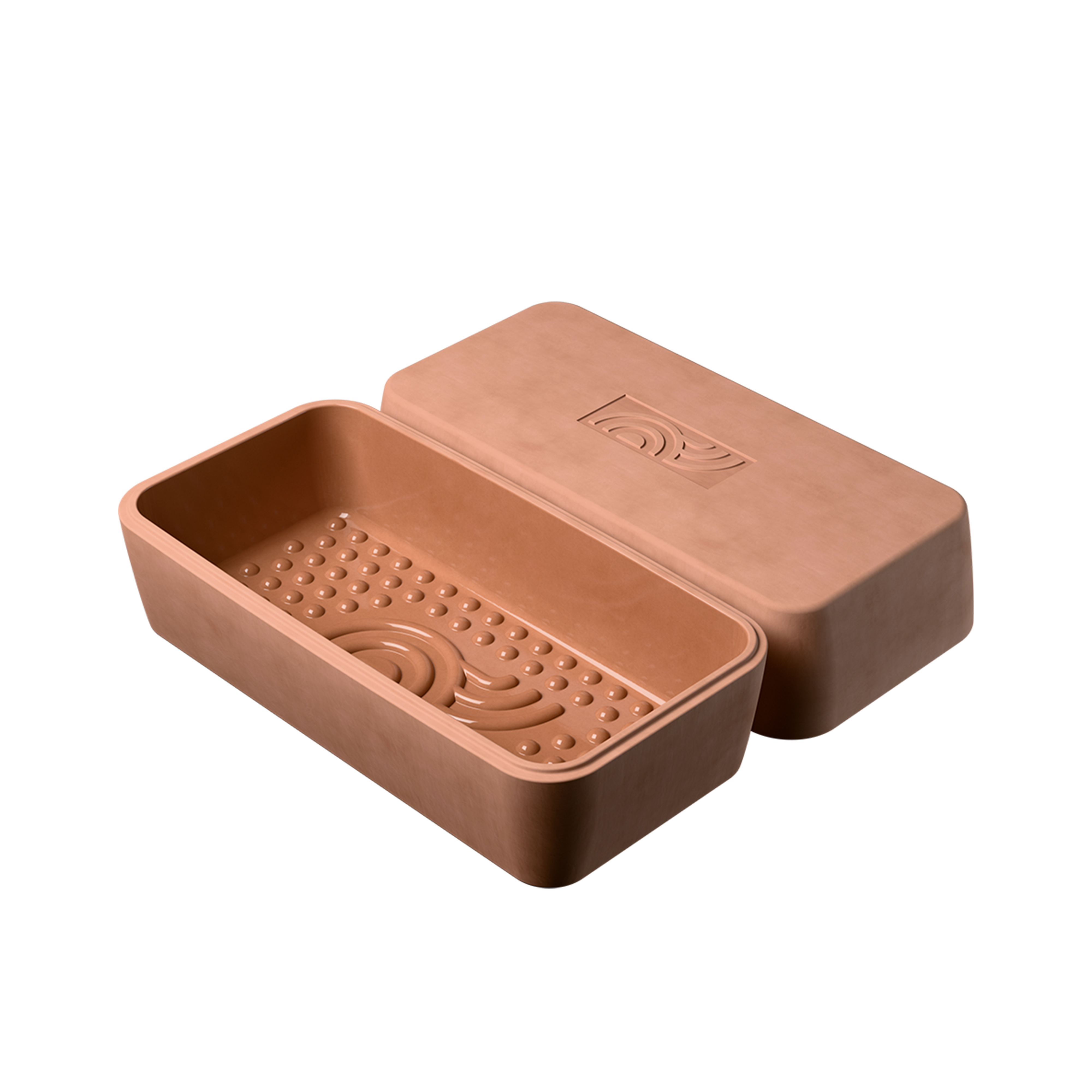 Geöffneter myromy Brick BBQ Backstein aus Keramik mit glasiertem Noppenboden und separat danebenliegendem Deckel