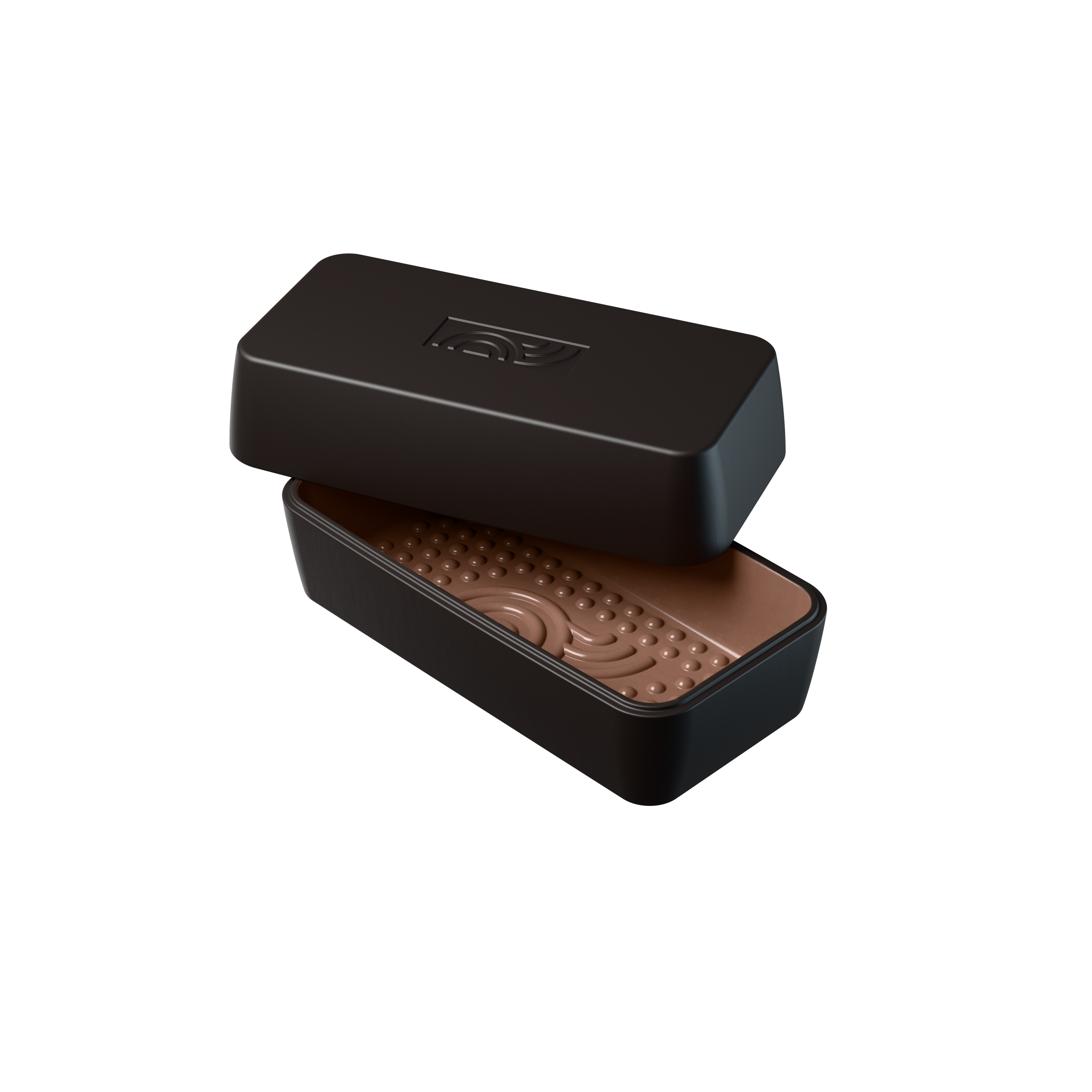 Geöffneter schwarzer myromy Brick BBQ Backstein als Mini-Bräter aus Keramik mit abgehobenem Deckel und glasiertem Innenraum mit Noppen