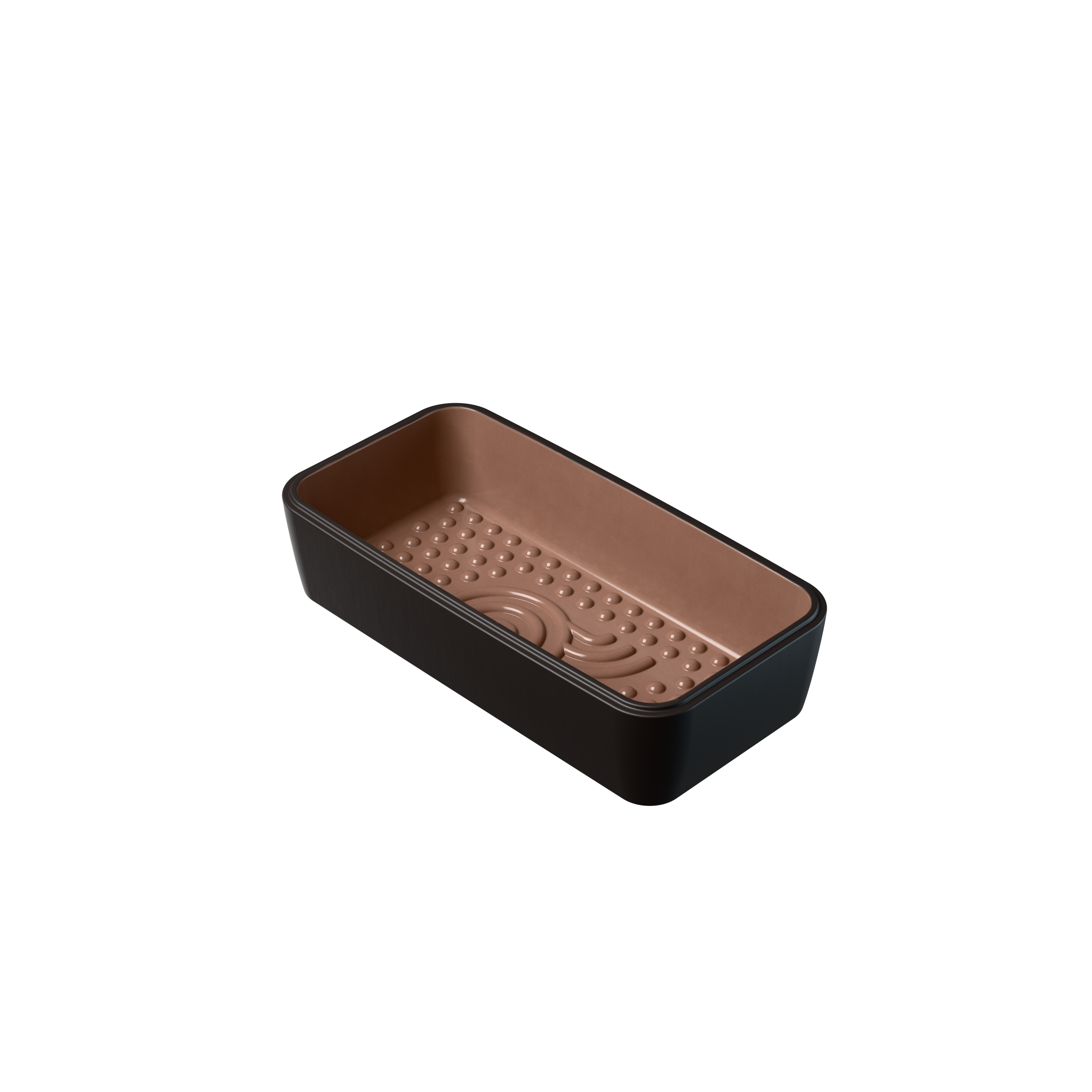 Geöffneter schwarzer myromy Brick BBQ Backstein als Mini-Bräter aus Keramik mit glasiertem Innenraum, Noppenboden und eingeprägtem Logo