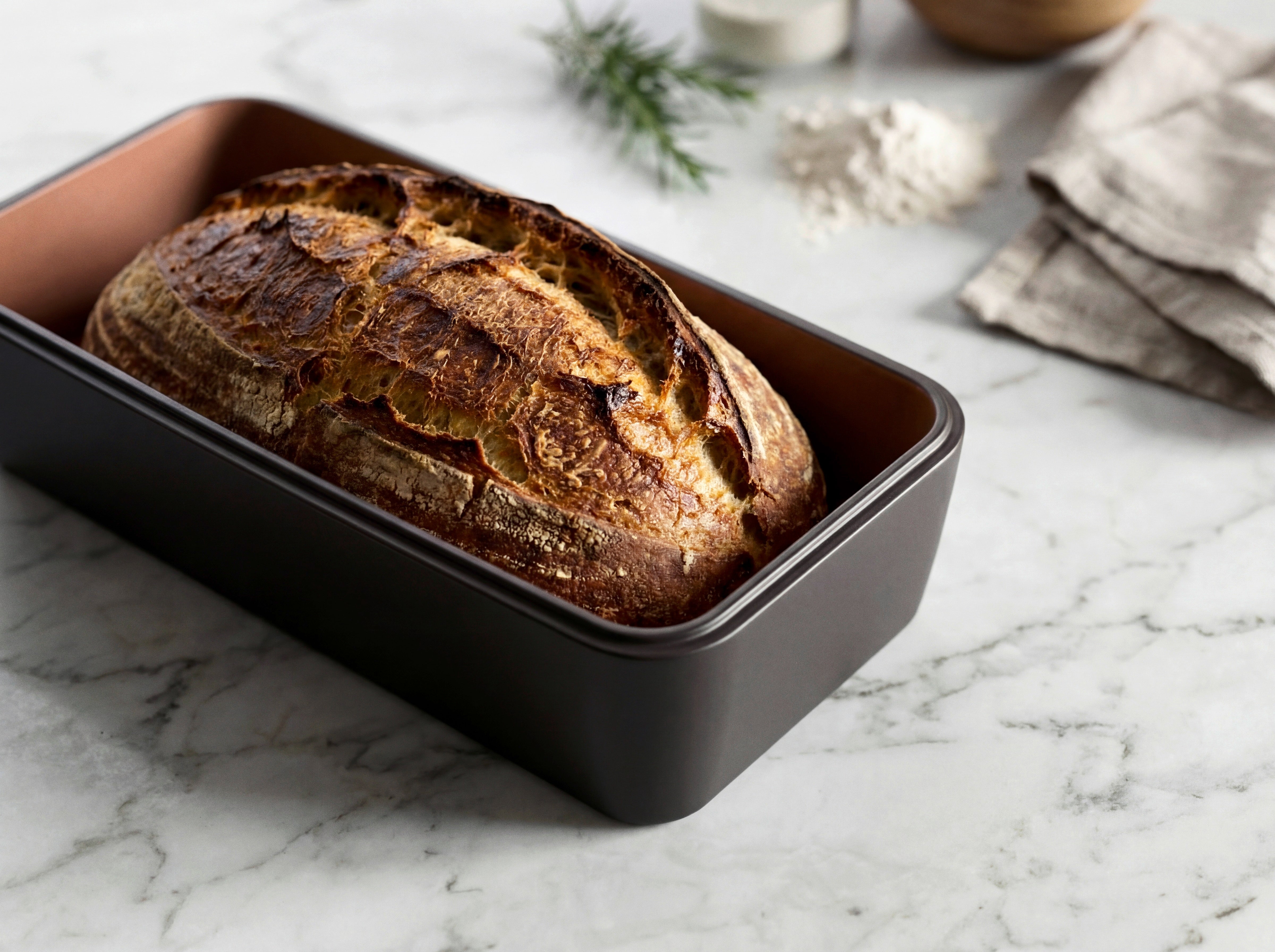 Frisch gebackenes Brot im schwarzen myromy Brick auf einer hellen Küchenarbeitsfläche