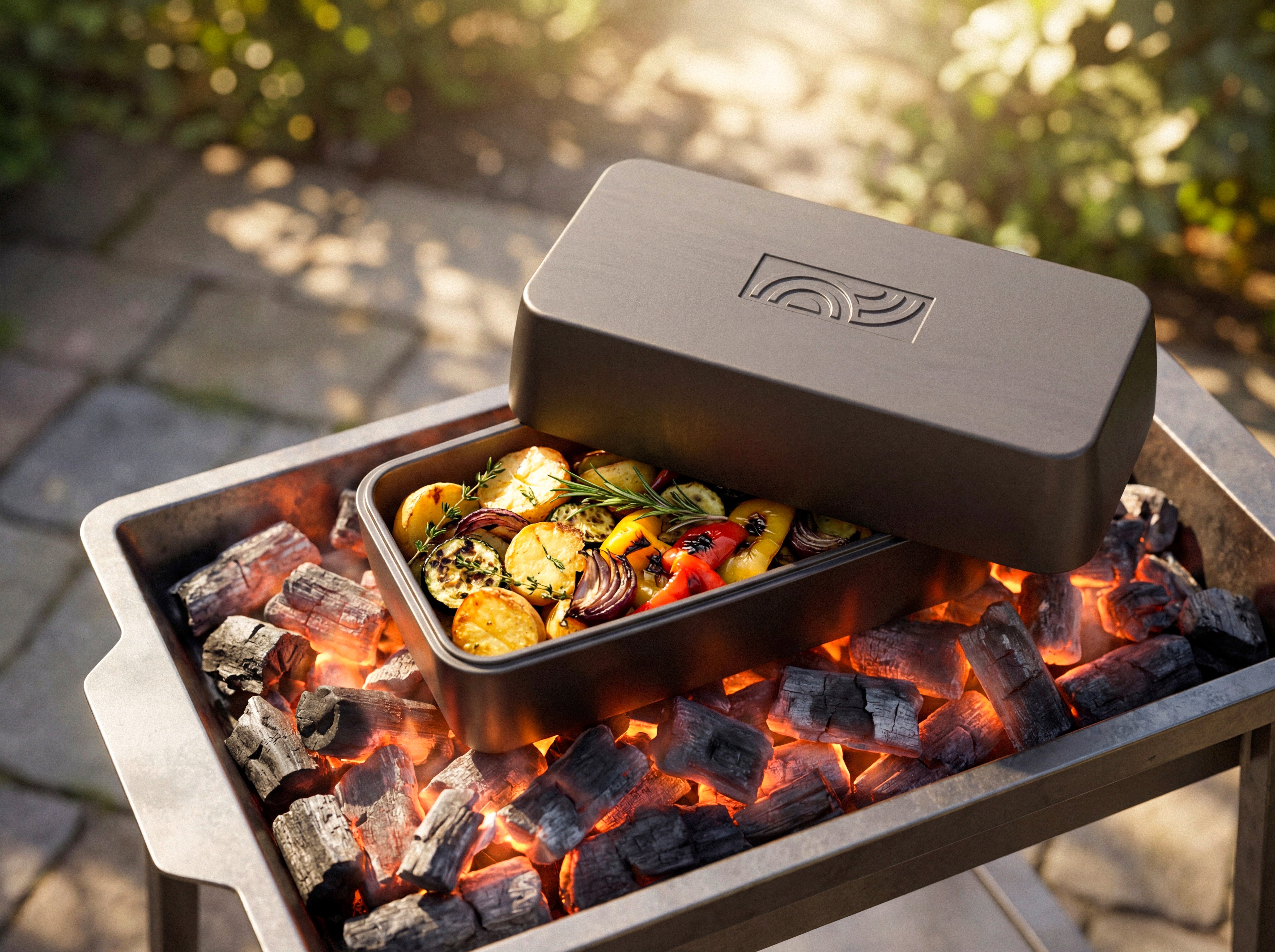 Geöffneter schwarzer myromy Brick aus Keramik mit Kartoffeln, Paprika, Zucchini und roten Zwiebeln auf einem Holzkohlegrill