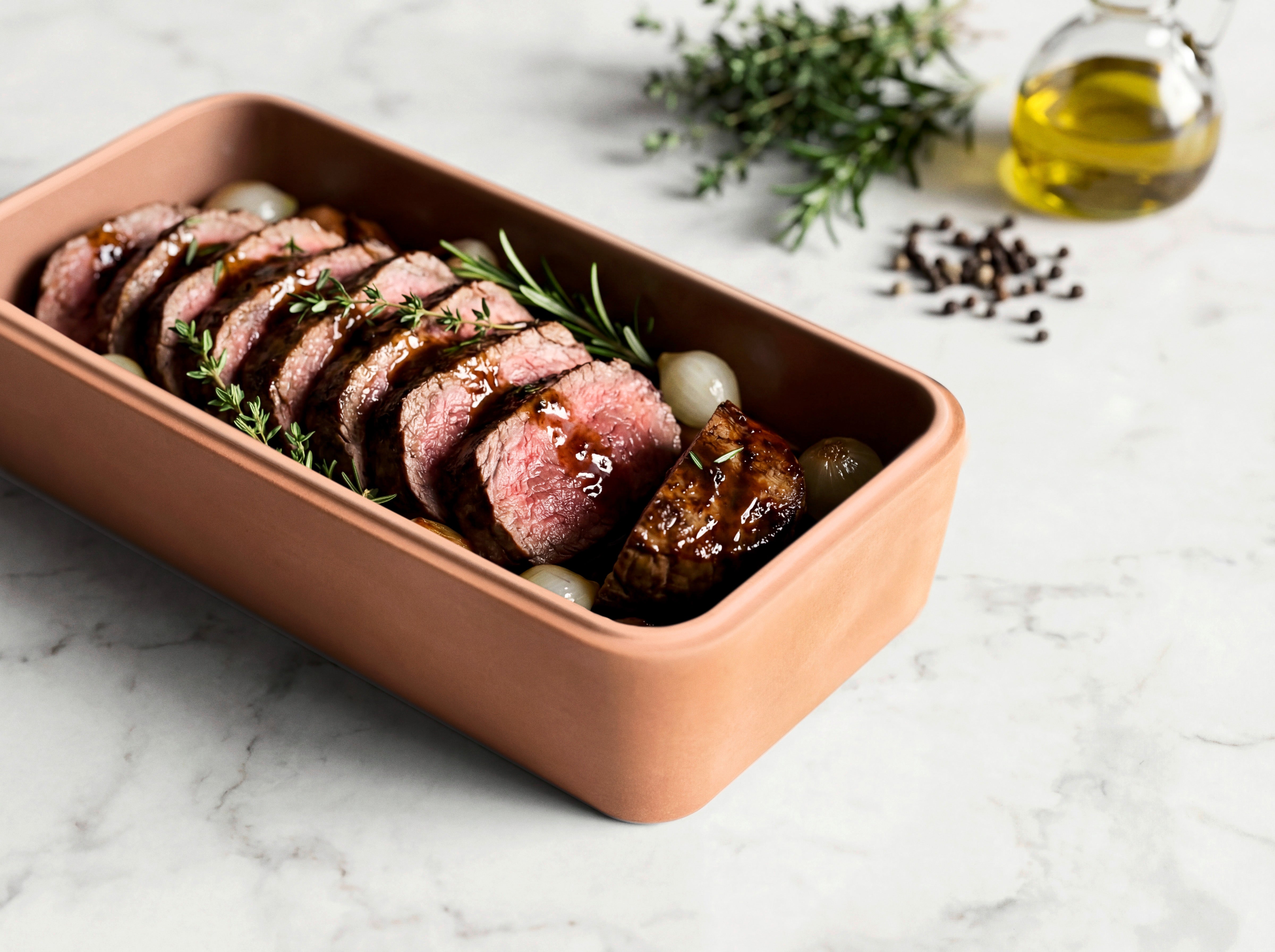 Rosa gebratenes, aufgeschnittenes Rindfleisch mit Rosmarin, Thymian, Schalotten und Gemüse im myromy Brick in der Signature Edition