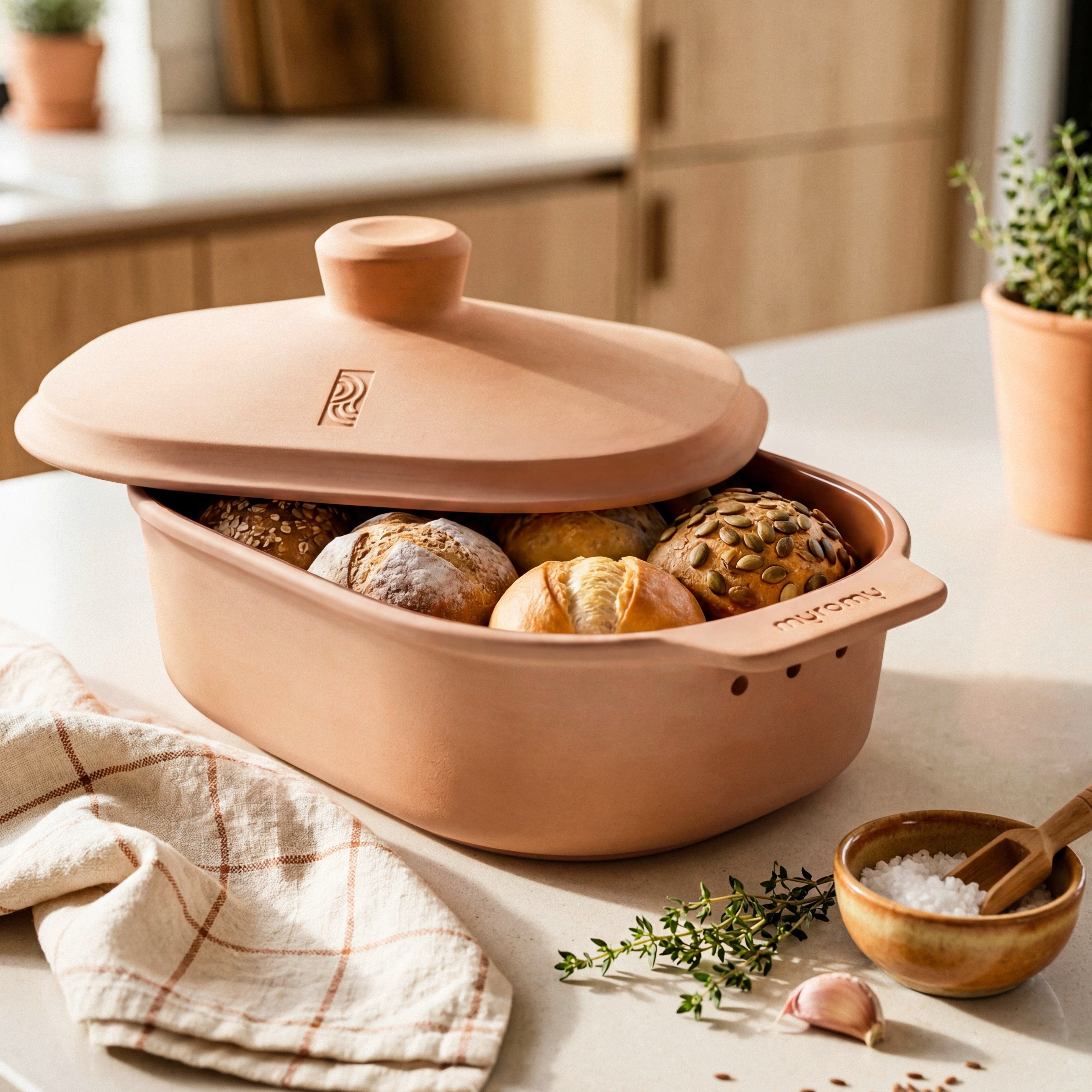 Verschiedene Brötchen im geöffneten myromy Brot-Frische-Topf Medium in der Signature Edition auf einer Küchenarbeitsfläche
