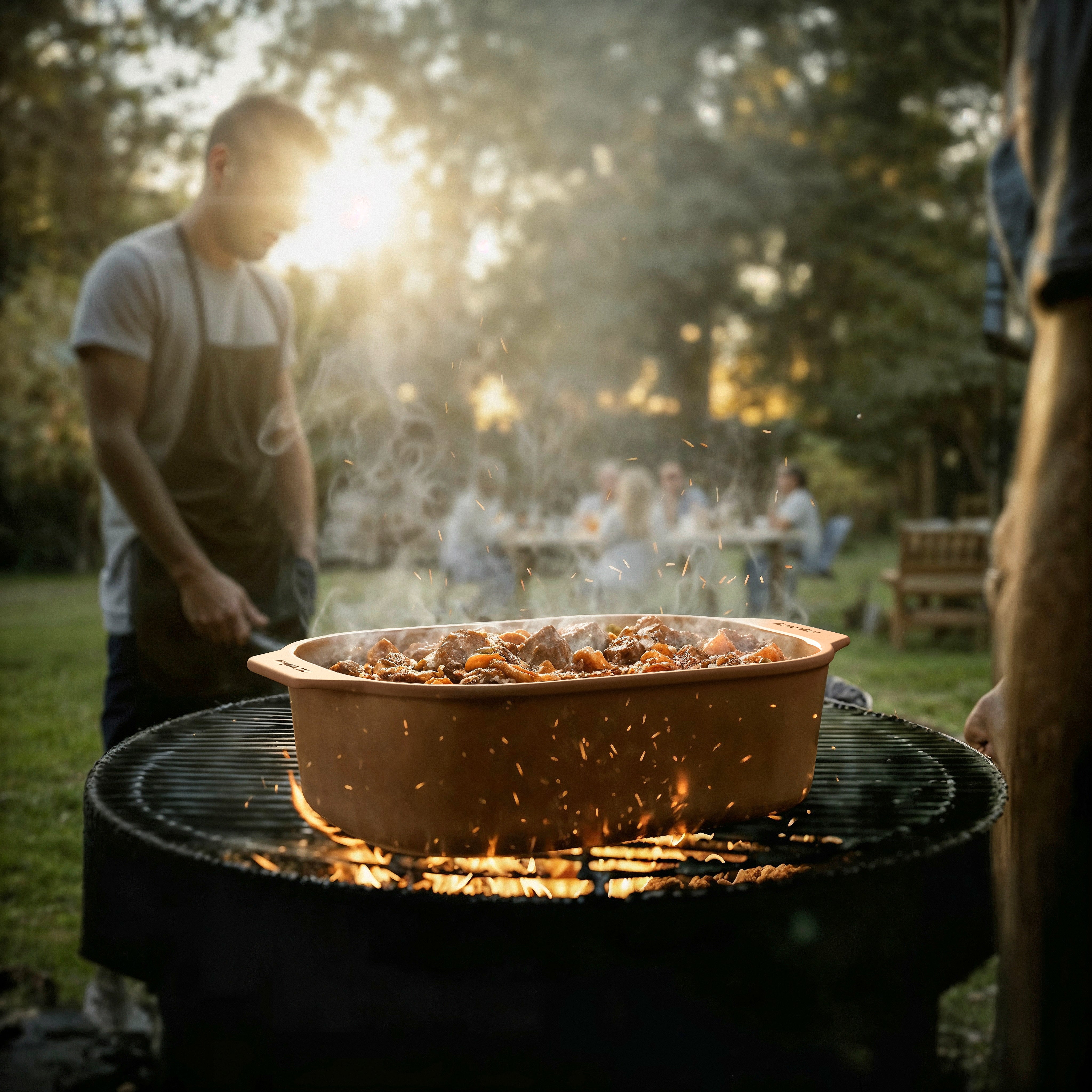 myromy Keramik-Bräter mit Schmorgericht auf dem Grill über Feuer und Glut beim Outdoor-Kochen im Garten