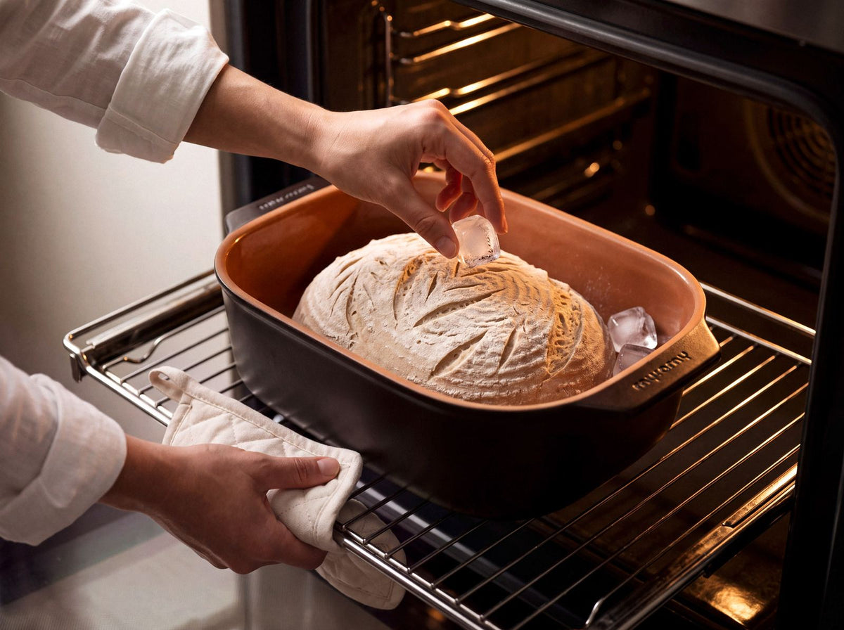Brot im vorgeheizten myromy Multi-Bräter mit Eiswürfeln zum Beschwaden beim Brotbacken