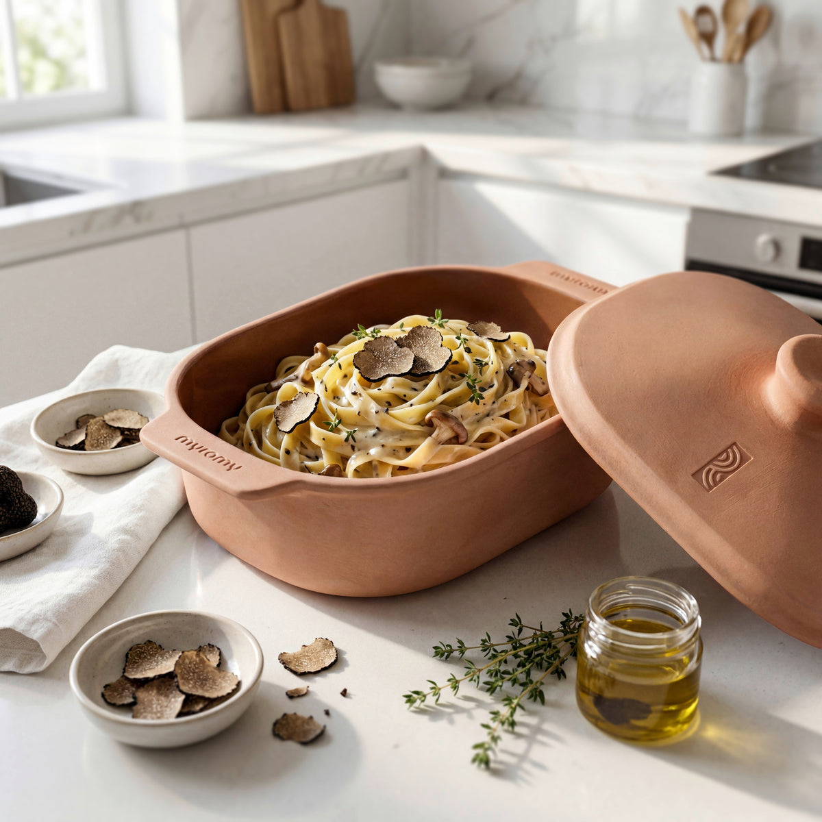 Cremige Pasta mit Trüffelscheiben im geöffneten myromy Multi-Bräter und der Brotbackform 3,5 L Medium in der Signature Edition
