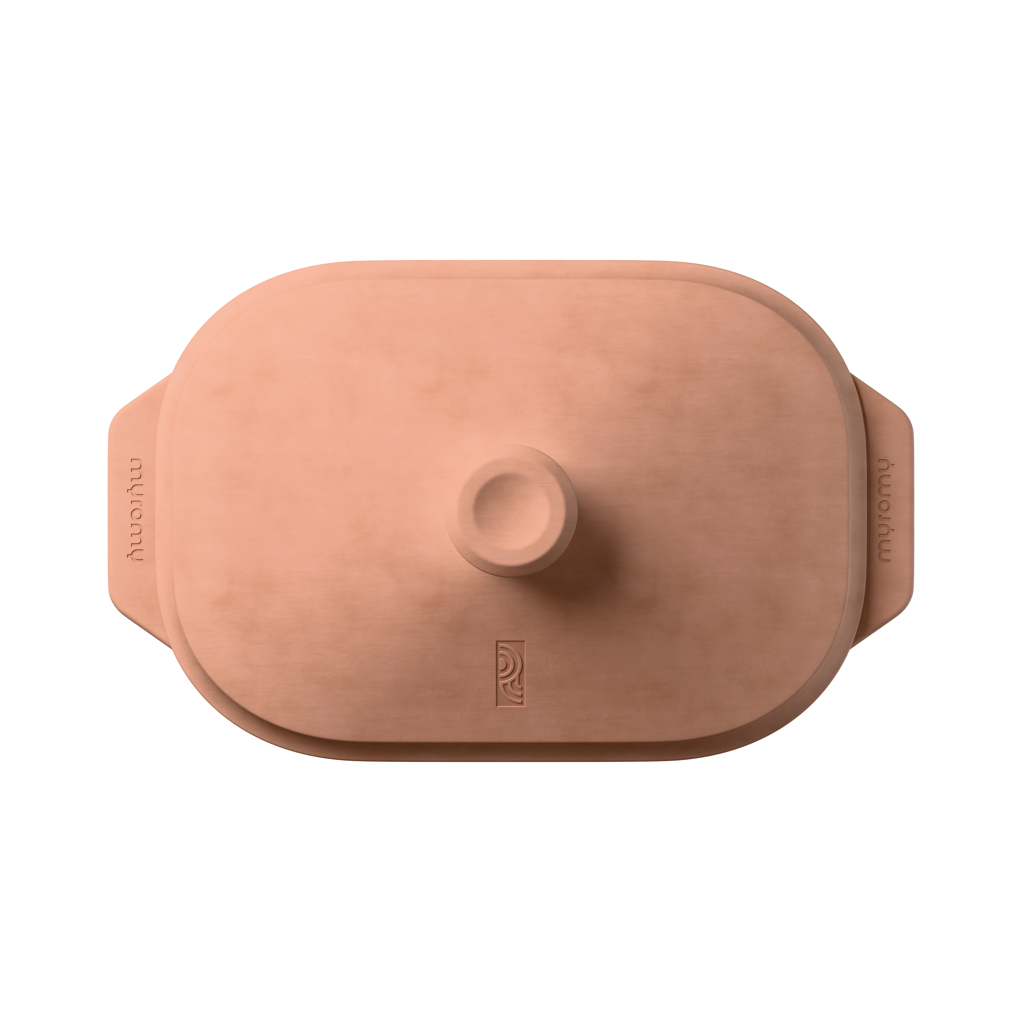 myromy Multi-Bräter als Keramik-Bräter mit Deckel, Griffknauf, seitlichen Griffen und eingeprägtem Logo aus der Draufsicht