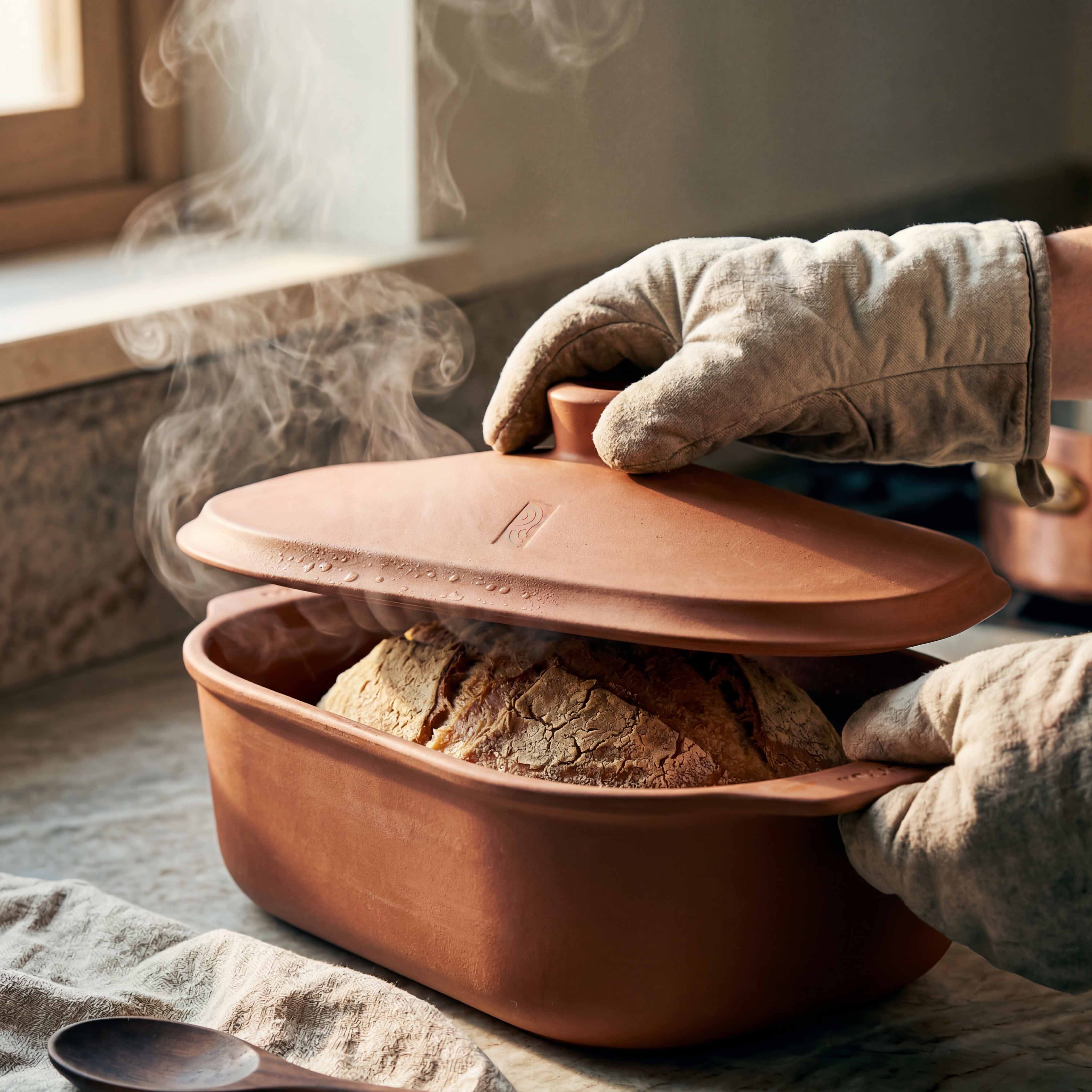 Person hebt mit Ofenhandschuhen den Deckel eines myromy Multi-Bräters als Keramik-Brotbackform und Keramik-Topf über einem frisch gebackenen Brot an