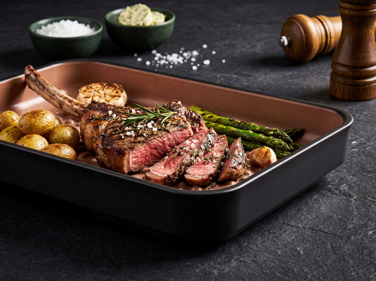Aufgeschnittenes Steak mit grünem Spargel, kleinen Kartoffeln, Knoblauch und Rosmarin auf der schwarzen myromy Auflaufform und Grillplatte