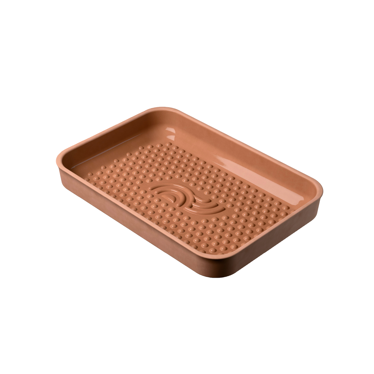 myromy Plancha BBQ als Keramik-Grillplatte mit glasiertem Noppenboden und eingeprägtem Logo aus schräger Draufsicht