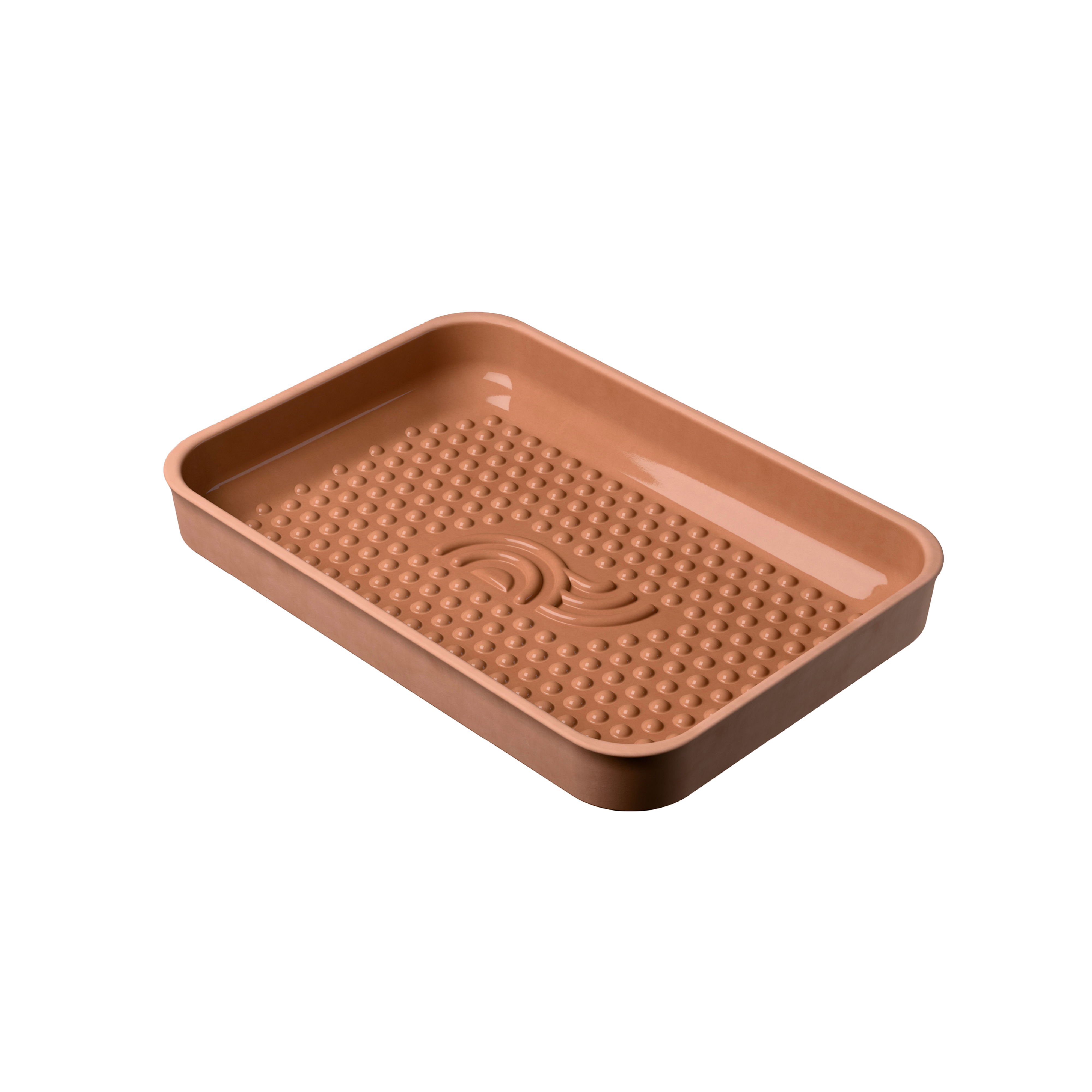 myromy Plancha BBQ als Keramik-Grillplatte mit glasiertem Noppenboden und eingeprägtem Logo aus schräger Draufsicht