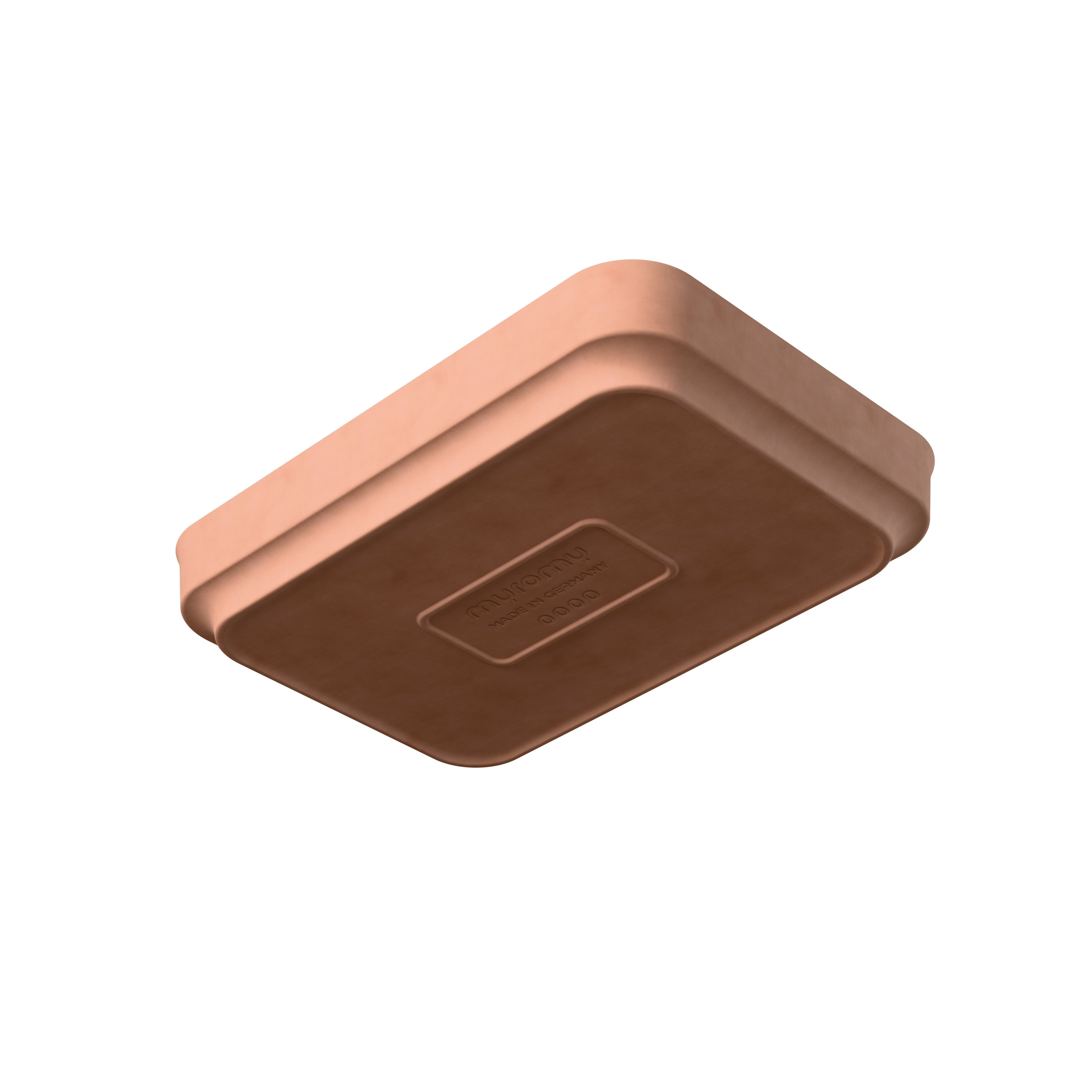 Schräge Bodenansicht der myromy Plancha Classic Keramik-Auflaufform mit eingeprägtem Logo und der Kennzeichnung Made in Germany