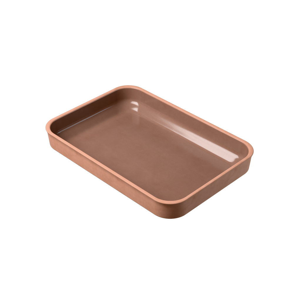 Leere myromy Plancha Classic Keramik-Auflaufform mit glasierter Innenfläche aus schräger Draufsicht
