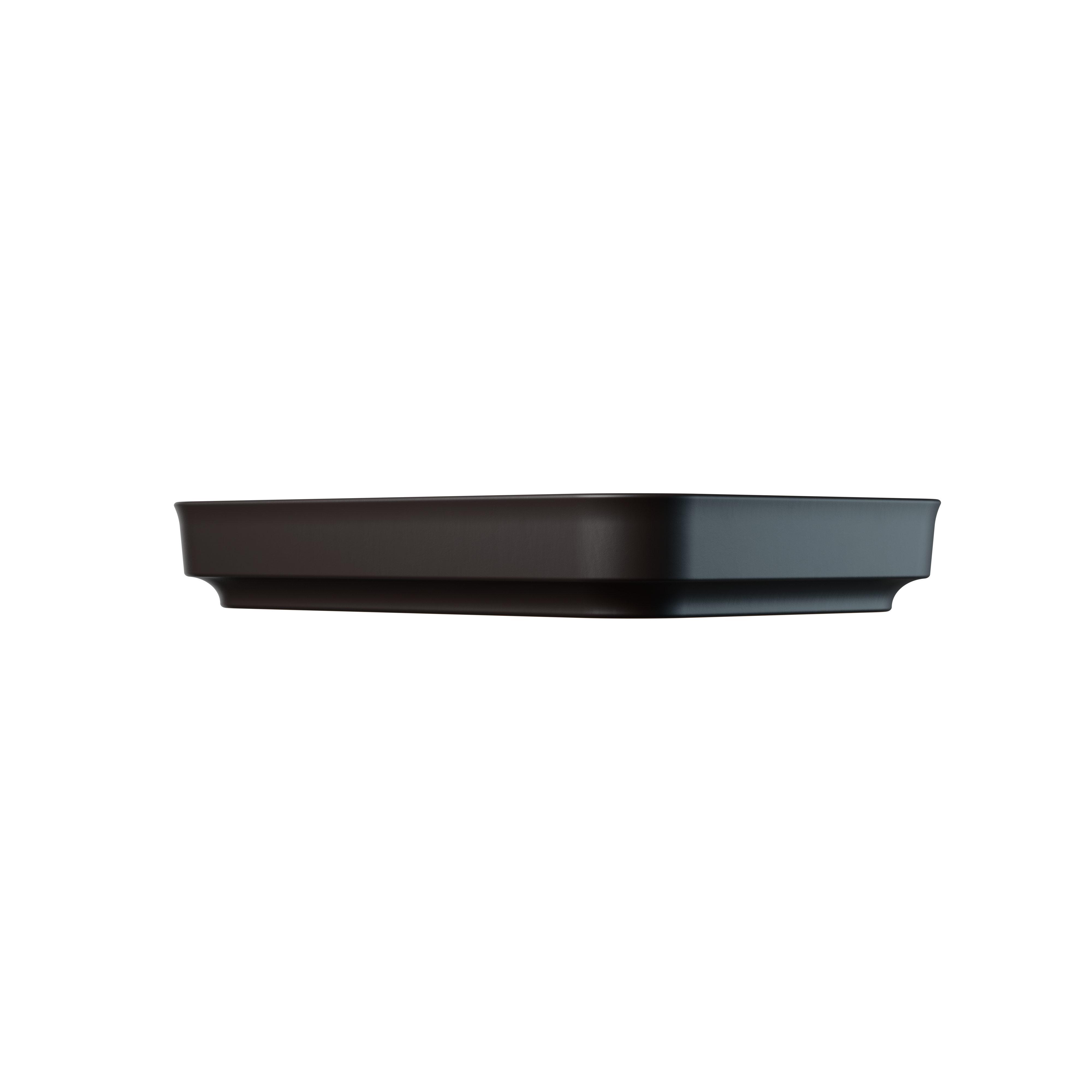 Schwarze myromy Plancha Classic als Auflaufform oder Grillplatte aus Keramik in breiter Seitenansicht ohne Noppenboden