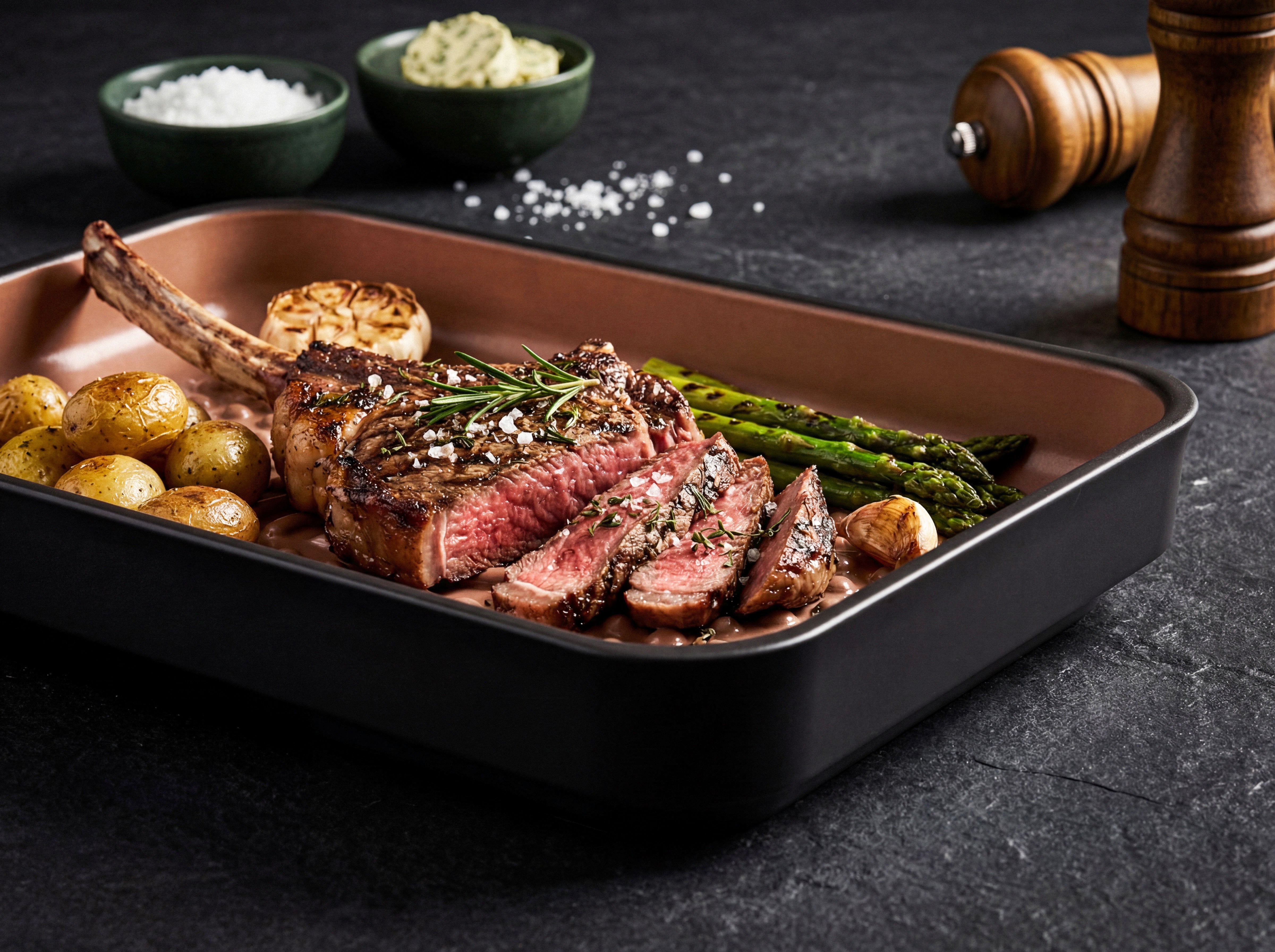 Aufgeschnittenes Steak mit grünem Spargel, kleinen Kartoffeln, Knoblauch und Rosmarin auf der schwarzen myromy Plancha