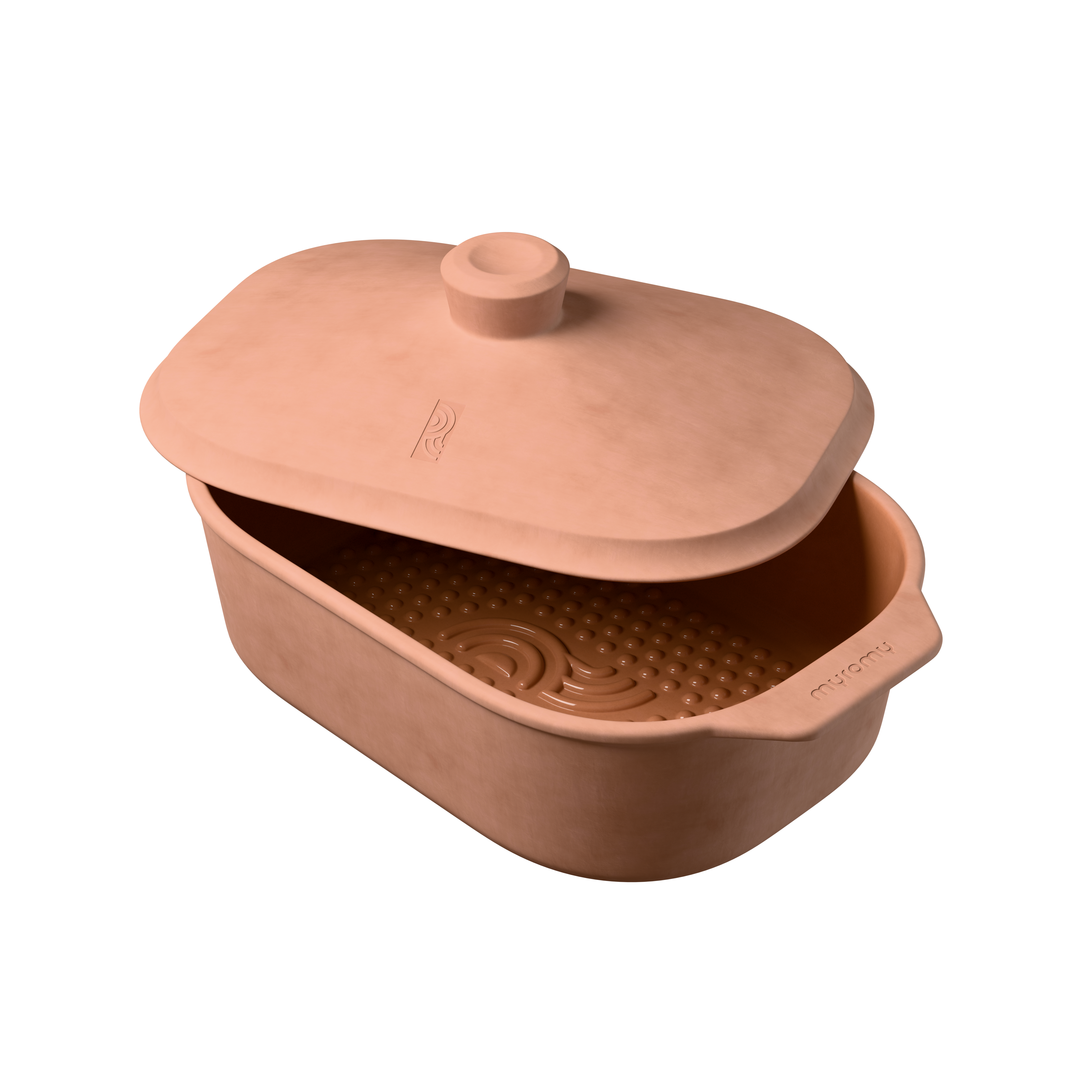 Geöffneter myromy Brottopf oder Brotlasten mit Noppen und glasiertem Innenraum mit Deckel aus Naturton