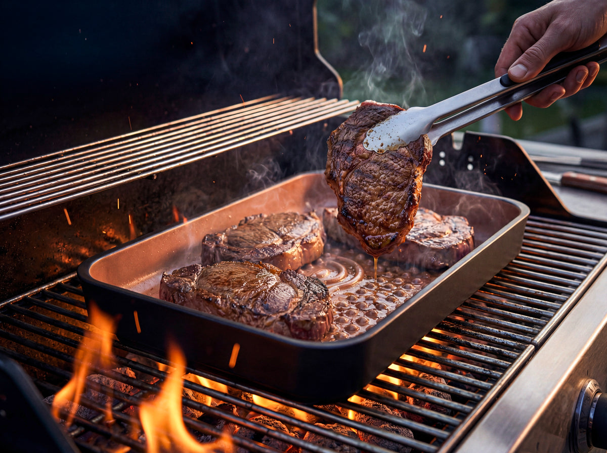 Köstliches Fleisch gegrillt auf der myromy Keramikform auf dem Gasgrill, das Fleisch tropft ab. 