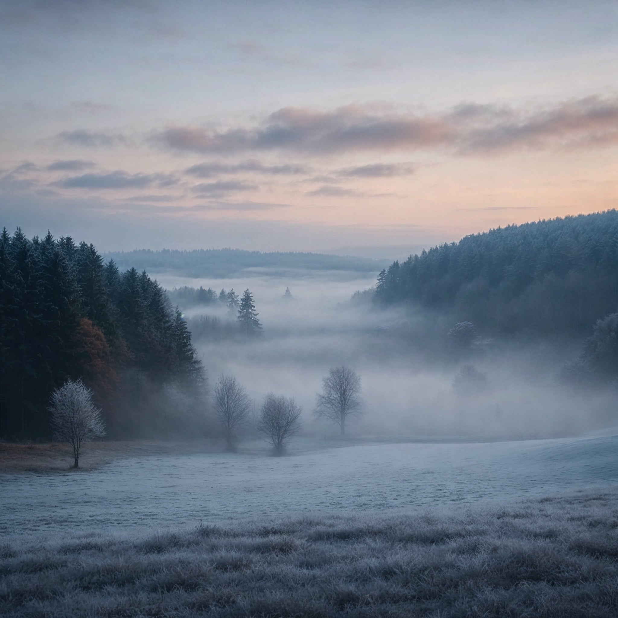 Neblige Winterlandschaft im Westerwald mit bewaldeten Hügeln und frostbedeckten Wiesen als Heimat der myromy Keramikproduktion